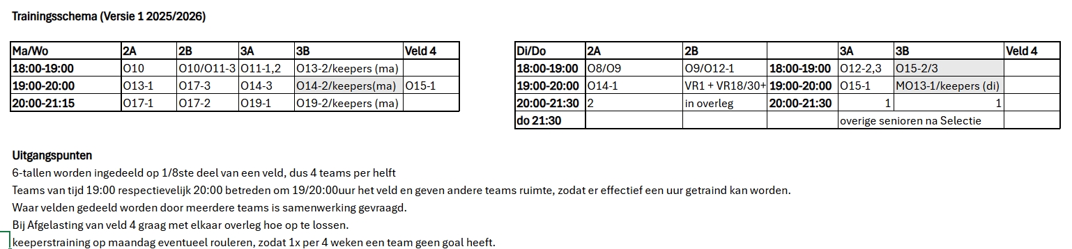 TRAININGSSCHEMA 2025/2026 (VOORLOPIG)